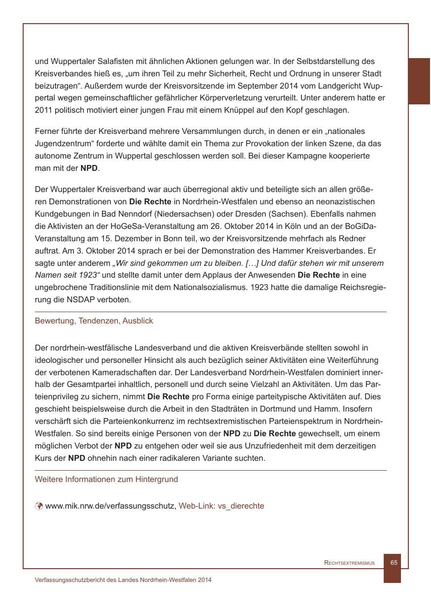 Seite 66 des Verfassungsschutzbericht 2014 Nordrhein-Westfalen