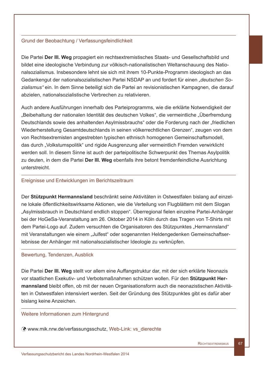 Seite 68 des Verfassungsschutzbericht 2014 Nordrhein-Westfalen