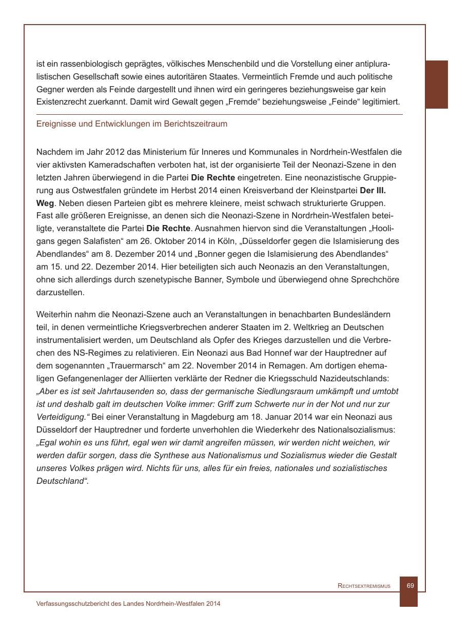 Seite 70 des Verfassungsschutzbericht 2014 Nordrhein-Westfalen