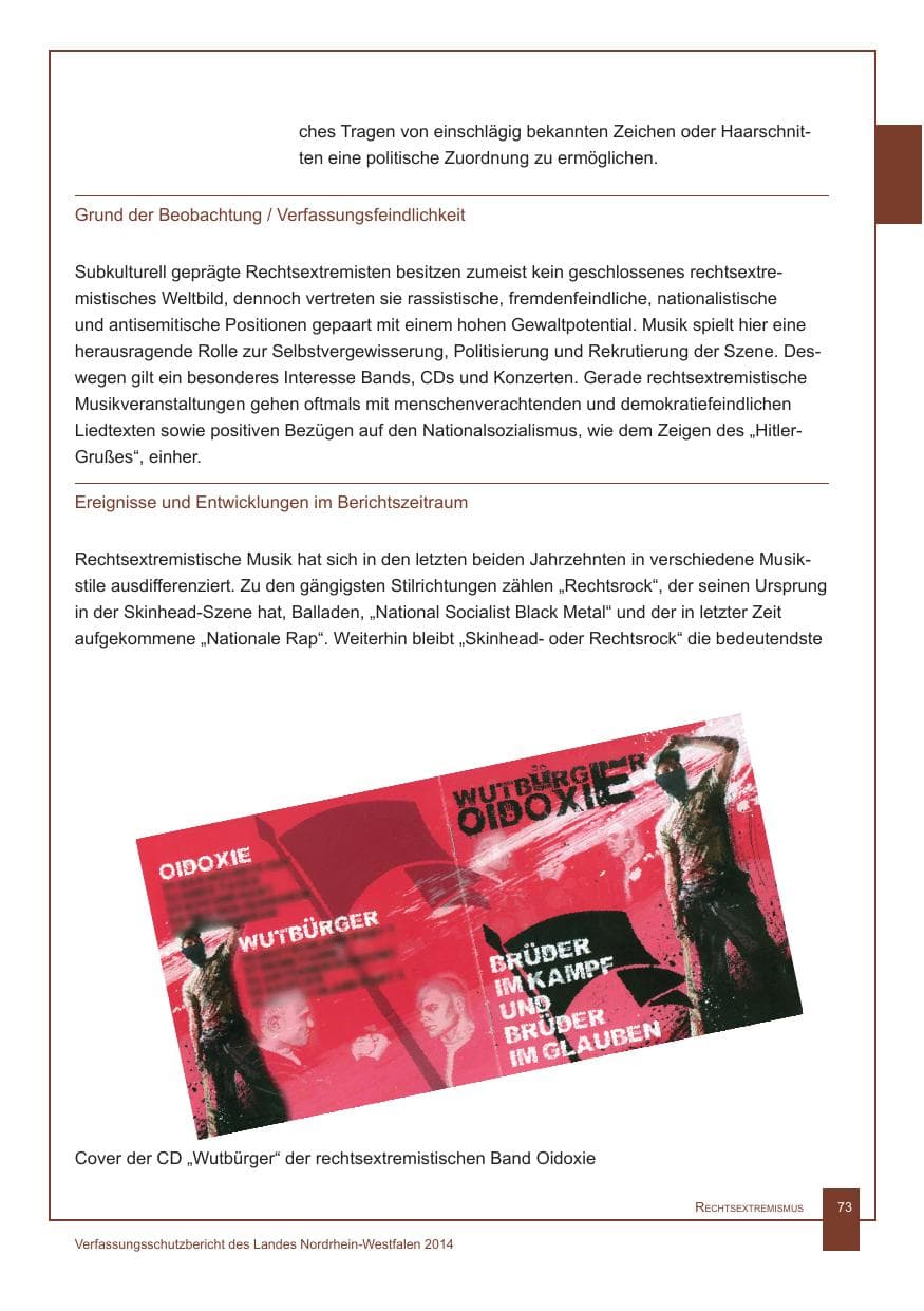 Seite 74 des Verfassungsschutzbericht 2014 Nordrhein-Westfalen