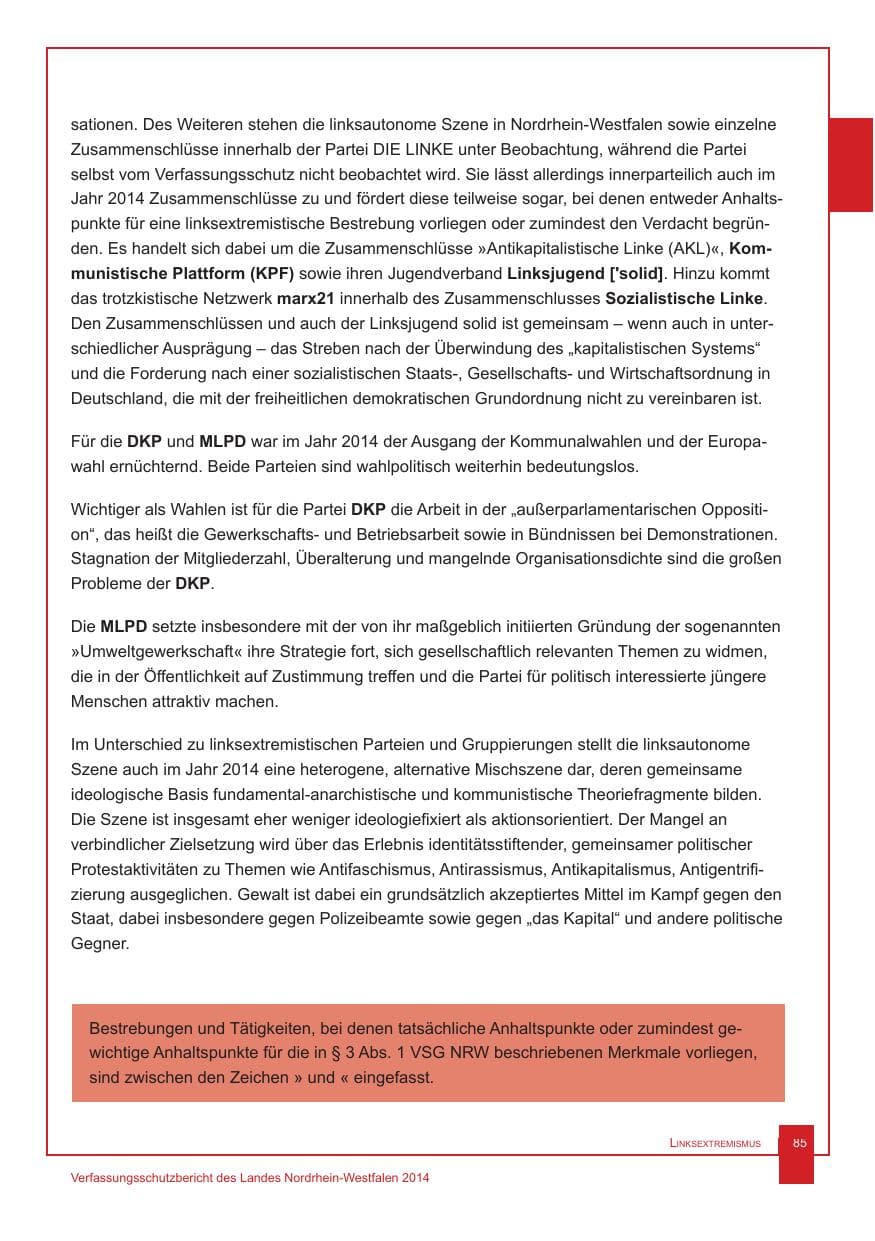 Seite 86 des Verfassungsschutzbericht 2014 Nordrhein-Westfalen