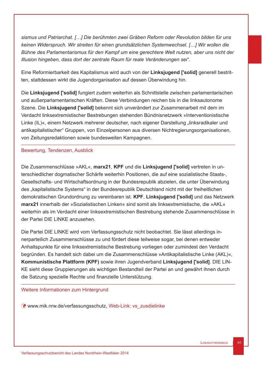Seite 92 des Verfassungsschutzbericht 2014 Nordrhein-Westfalen