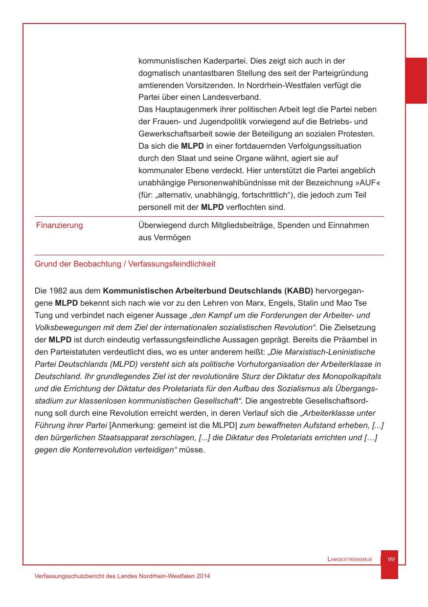 Seite 100 des Verfassungsschutzbericht 2014 Nordrhein-Westfalen