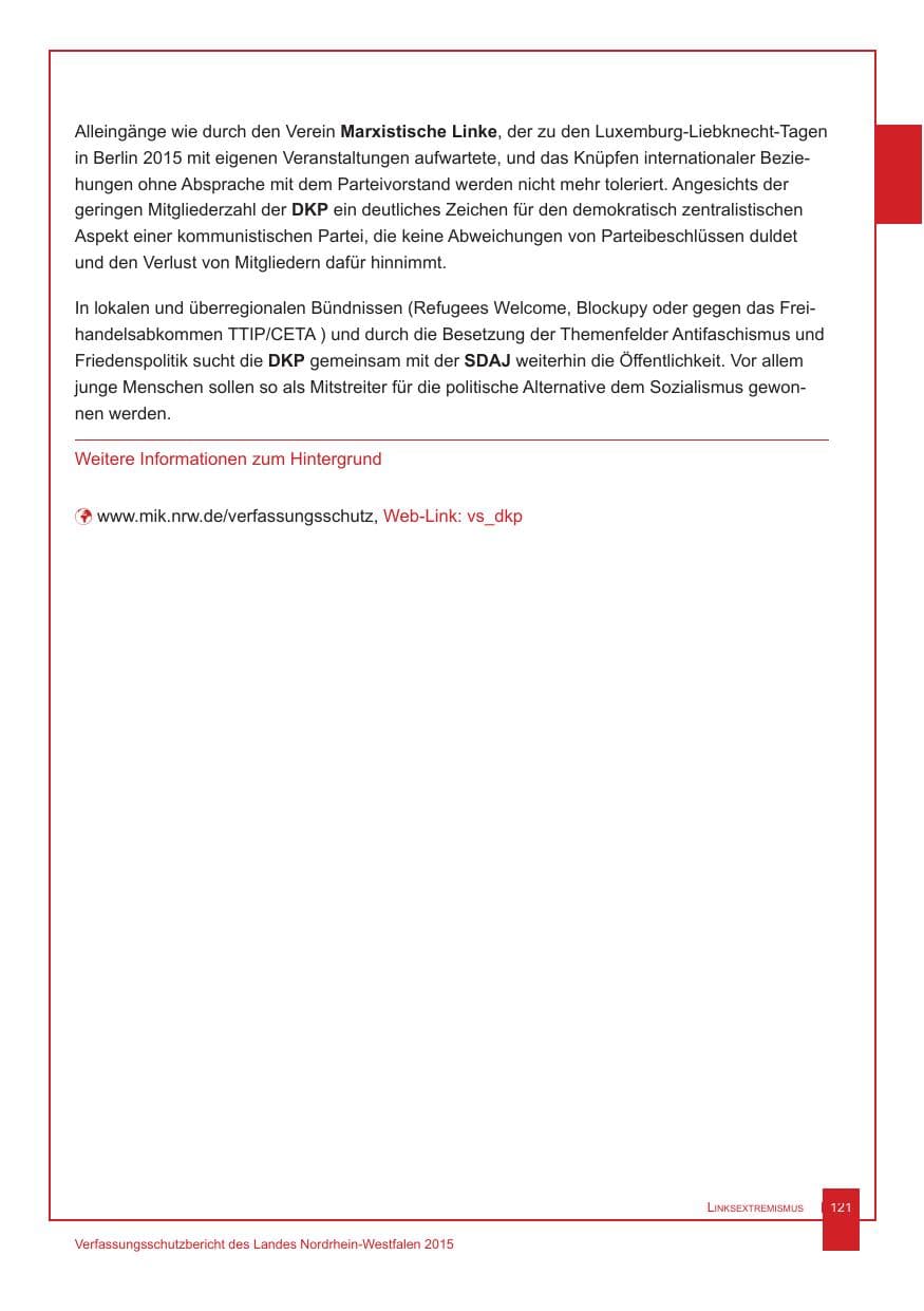 Seite 122 des Verfassungsschutzbericht 2015 Nordrhein-Westfalen
