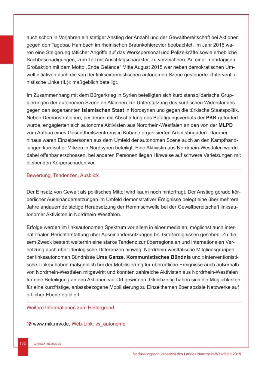 Seite 133 des Verfassungsschutzbericht 2015 Nordrhein-Westfalen