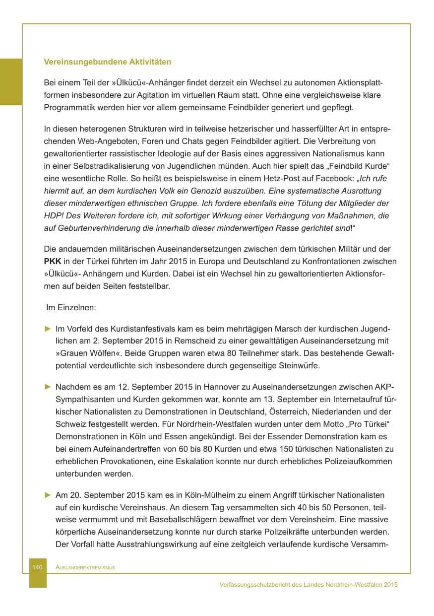 Seite 141 des Verfassungsschutzbericht 2015 Nordrhein-Westfalen