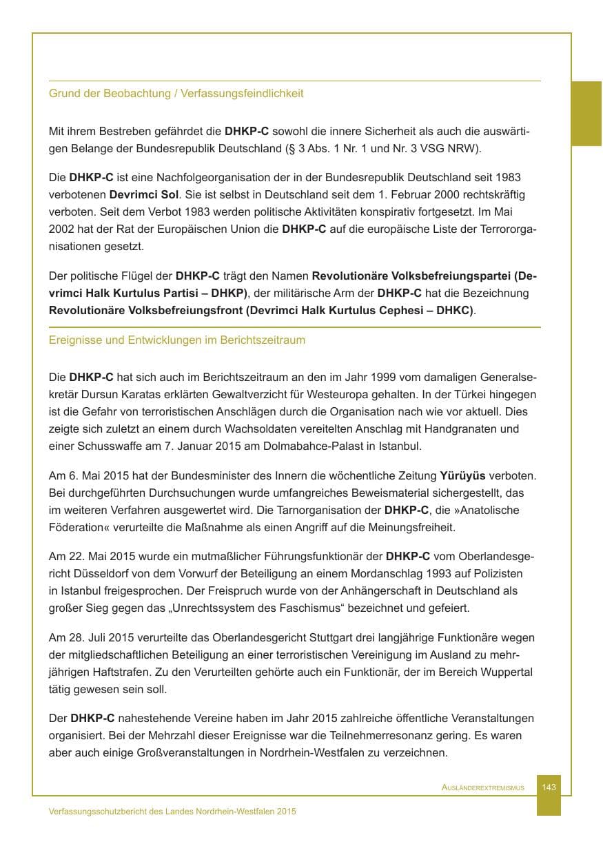 Seite 144 des Verfassungsschutzbericht 2015 Nordrhein-Westfalen