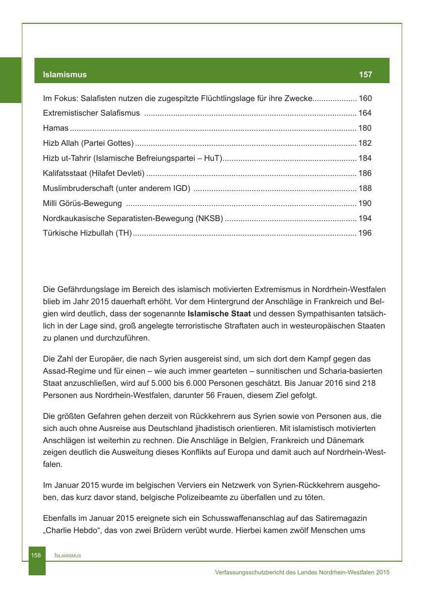 Seite 159 des Verfassungsschutzbericht 2015 Nordrhein-Westfalen