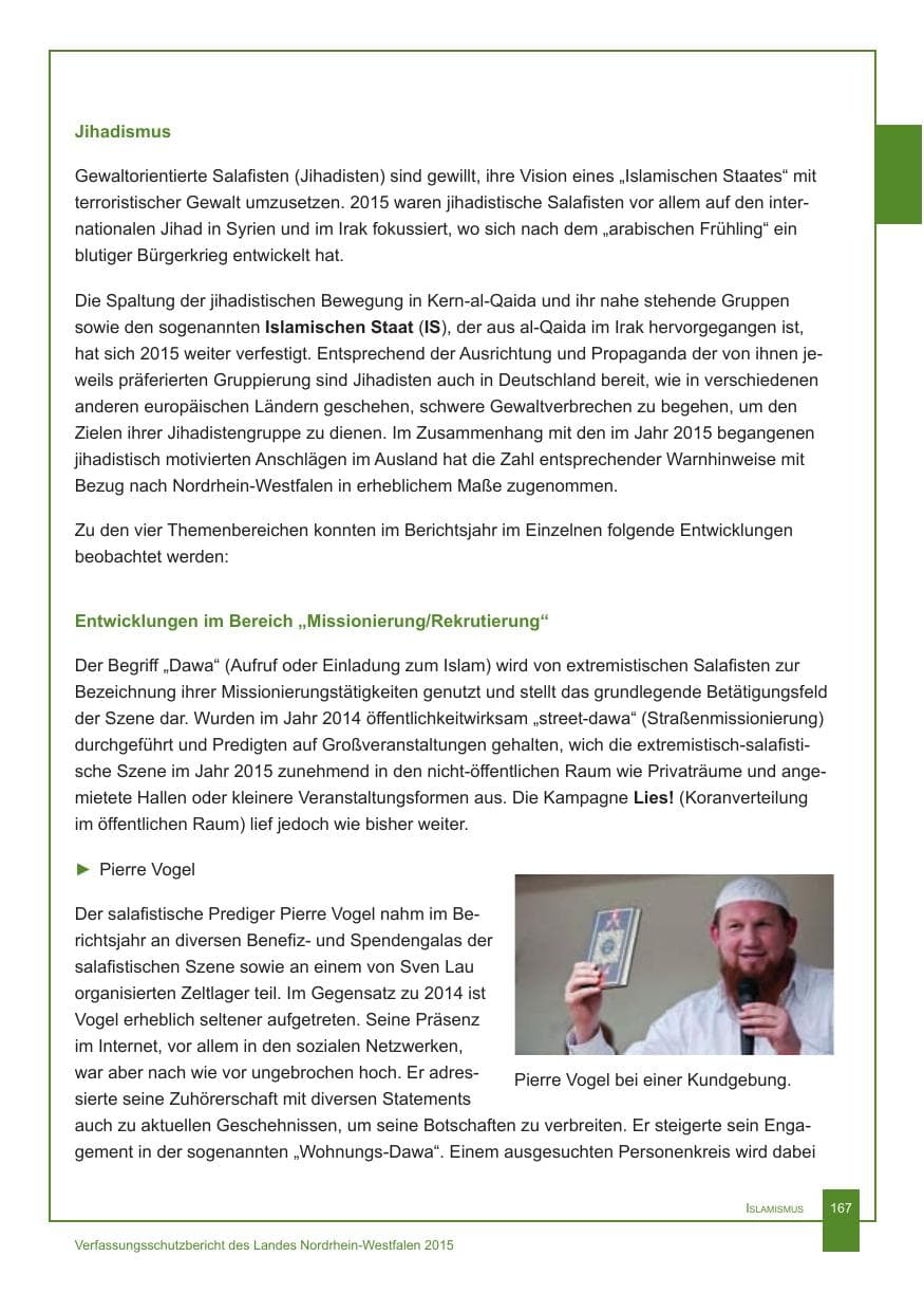 Seite 168 des Verfassungsschutzbericht 2015 Nordrhein-Westfalen