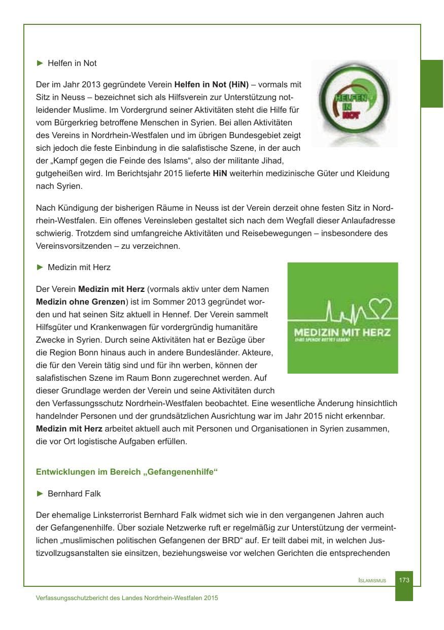 Seite 174 des Verfassungsschutzbericht 2015 Nordrhein-Westfalen