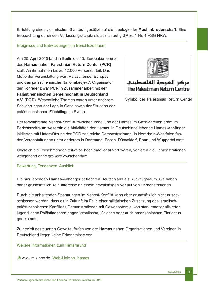 Seite 182 des Verfassungsschutzbericht 2015 Nordrhein-Westfalen