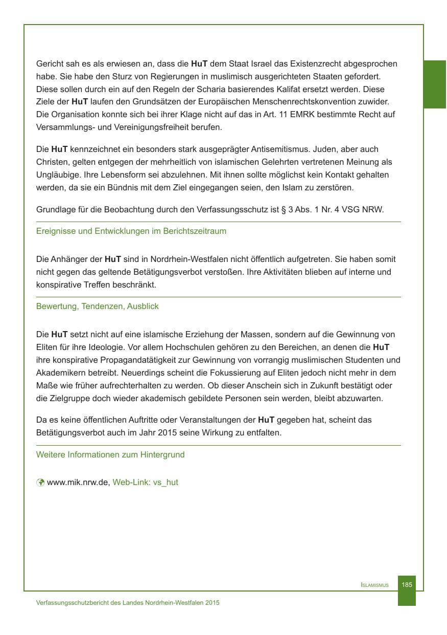 Seite 186 des Verfassungsschutzbericht 2015 Nordrhein-Westfalen