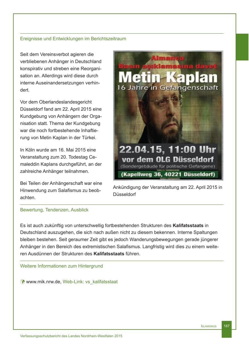 Seite 188 des Verfassungsschutzbericht 2015 Nordrhein-Westfalen