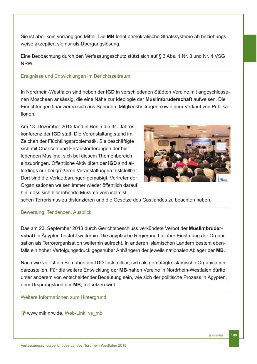 Seite 190 des Verfassungsschutzbericht 2015 Nordrhein-Westfalen