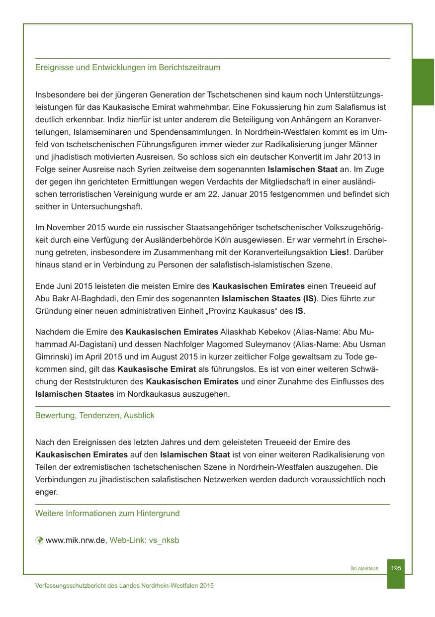Seite 196 des Verfassungsschutzbericht 2015 Nordrhein-Westfalen