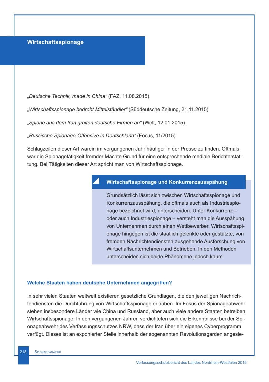 Seite 219 des Verfassungsschutzbericht 2015 Nordrhein-Westfalen