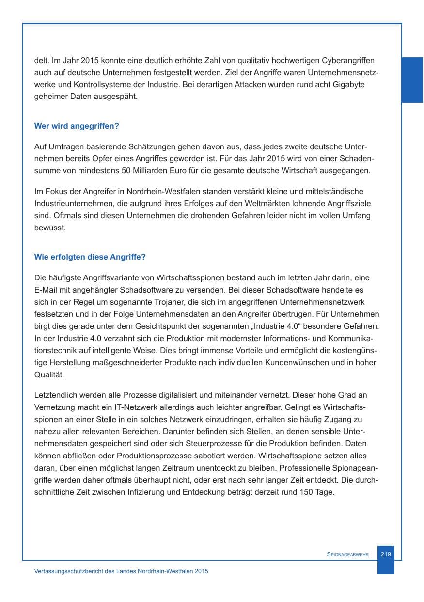 Seite 220 des Verfassungsschutzbericht 2015 Nordrhein-Westfalen