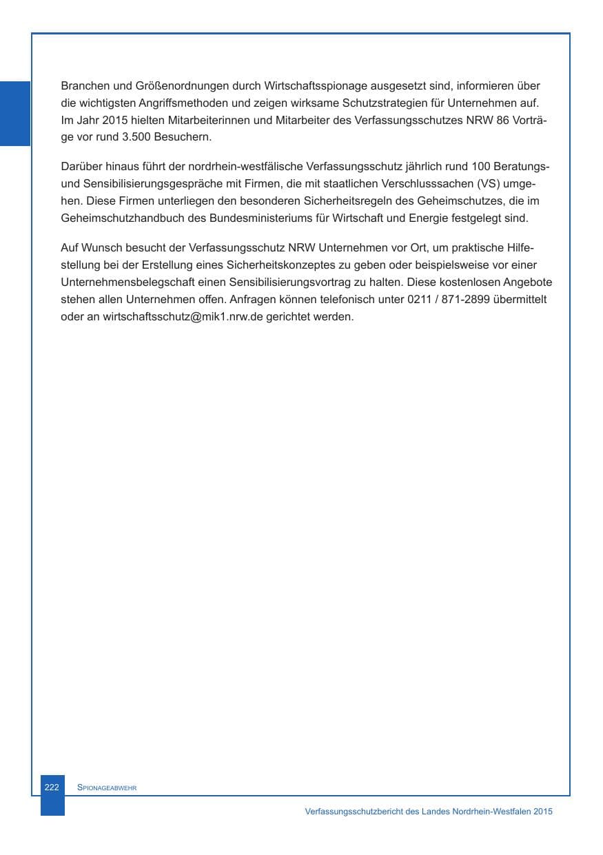 Seite 223 des Verfassungsschutzbericht 2015 Nordrhein-Westfalen