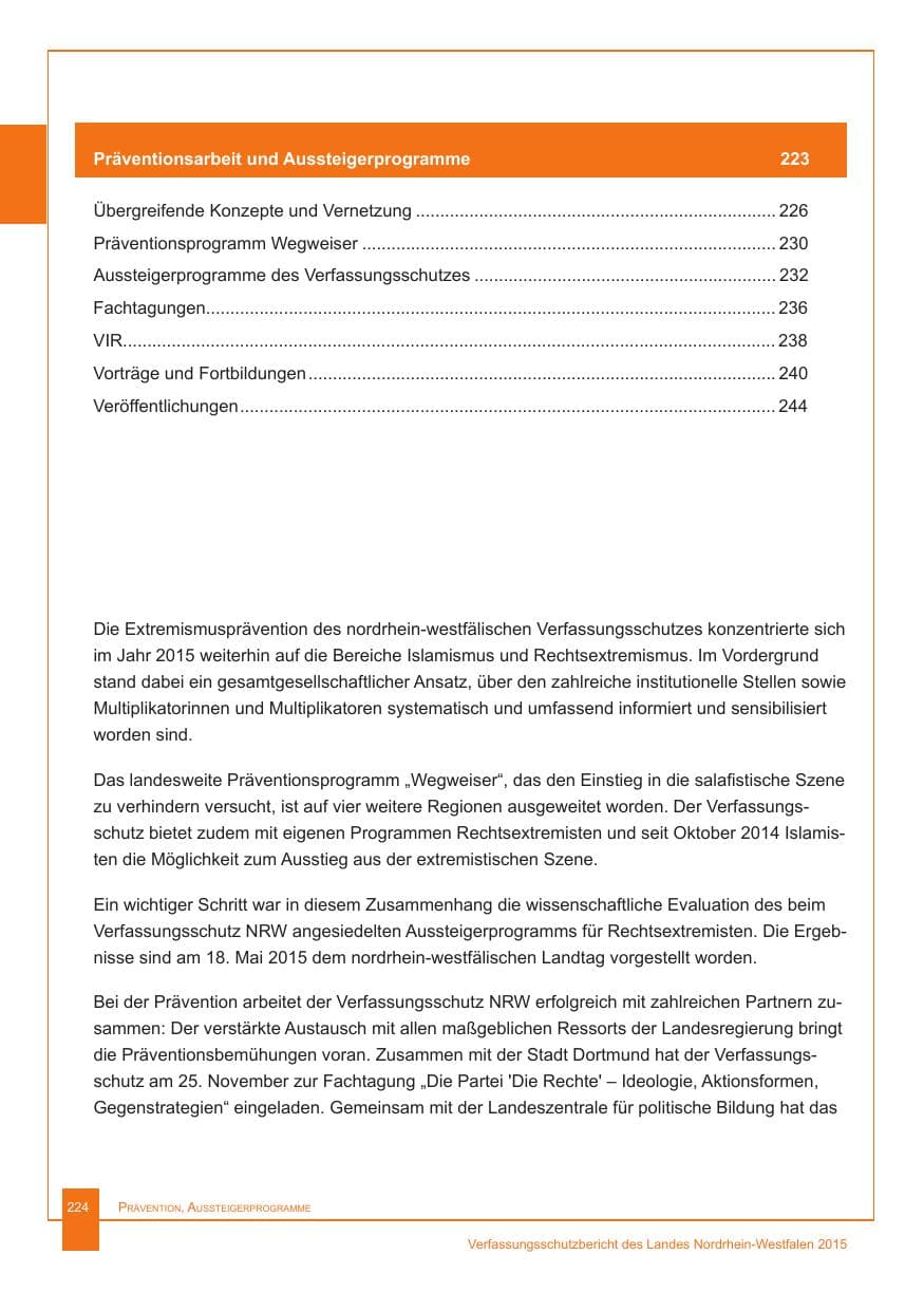 Seite 225 des Verfassungsschutzbericht 2015 Nordrhein-Westfalen