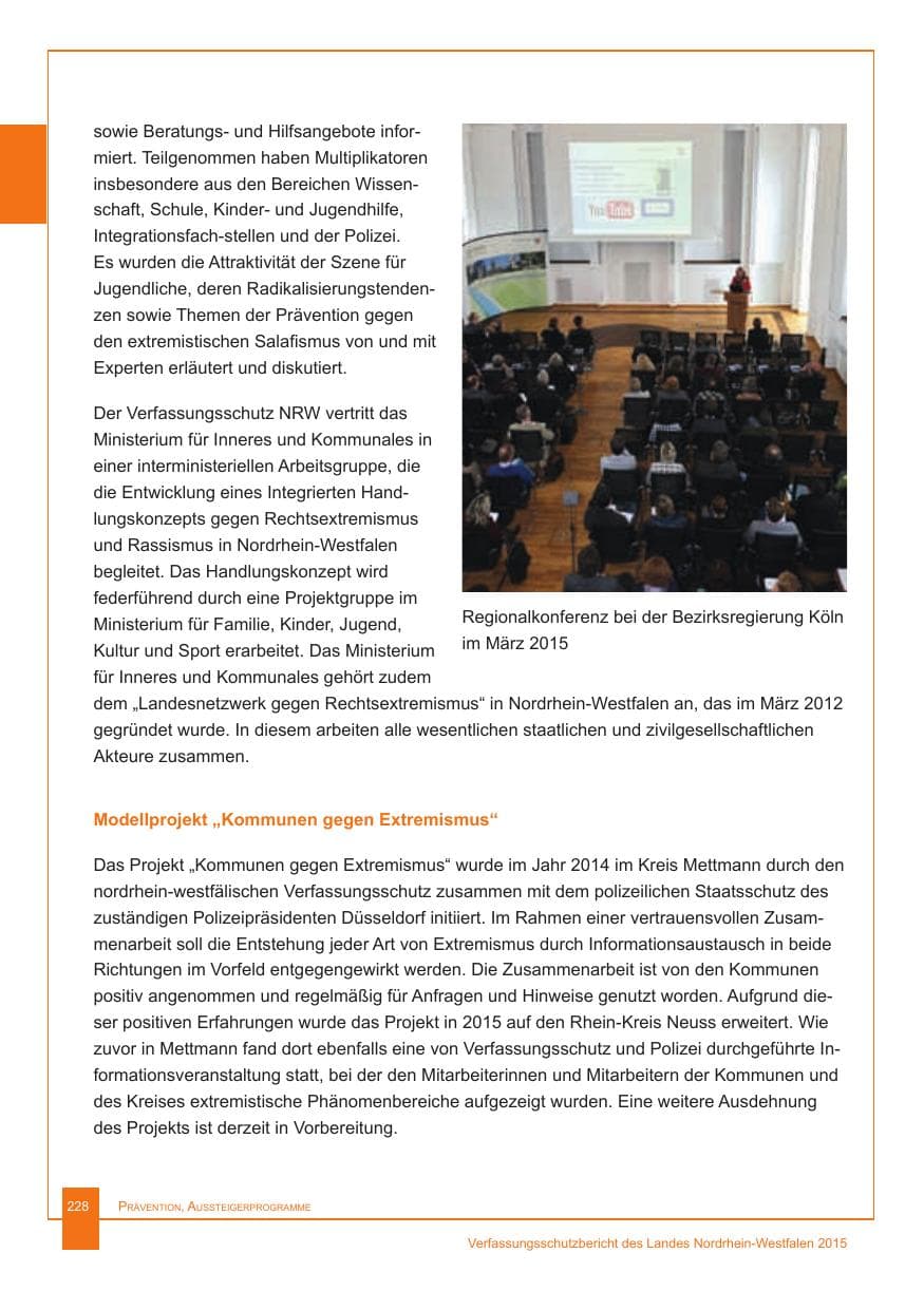 Seite 229 des Verfassungsschutzbericht 2015 Nordrhein-Westfalen