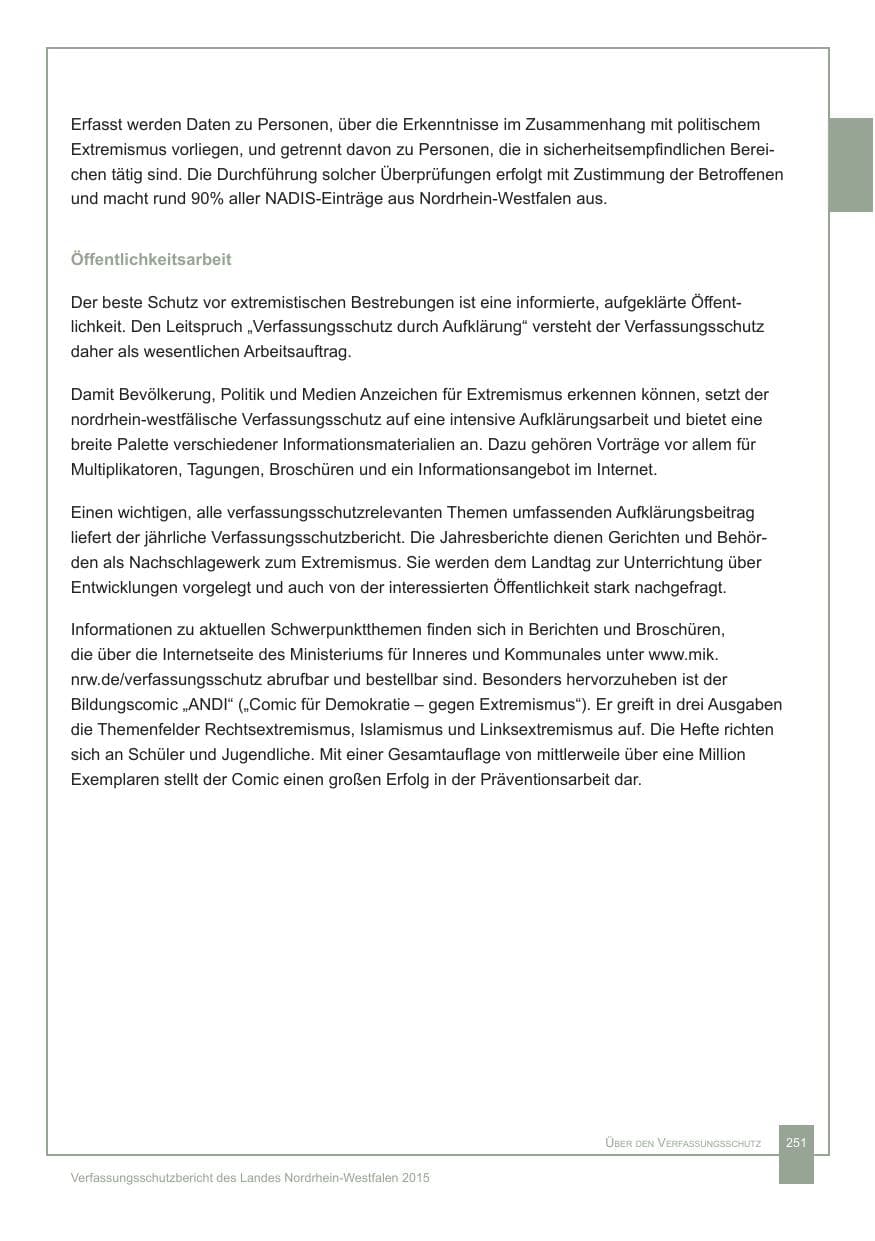Seite 252 des Verfassungsschutzbericht 2015 Nordrhein-Westfalen