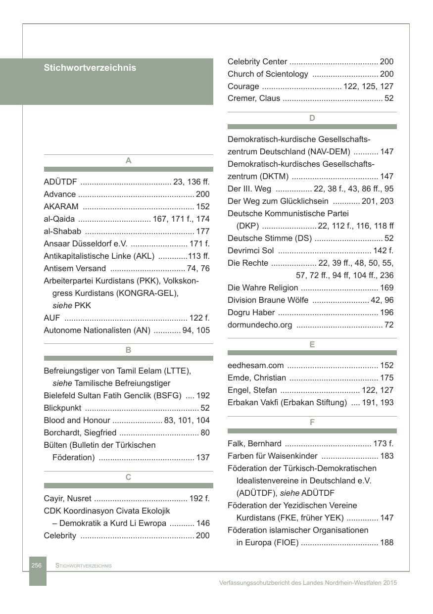 Seite 257 des Verfassungsschutzbericht 2015 Nordrhein-Westfalen