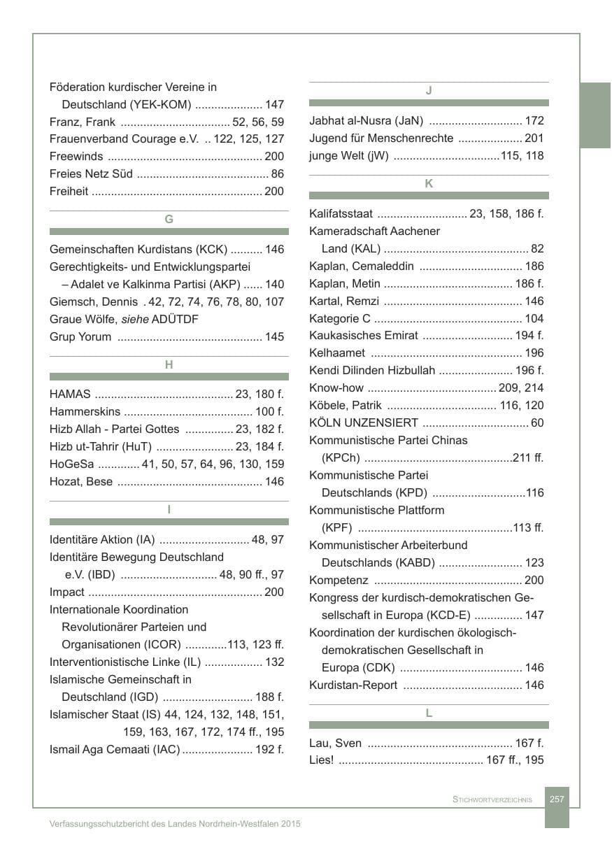 Seite 258 des Verfassungsschutzbericht 2015 Nordrhein-Westfalen
