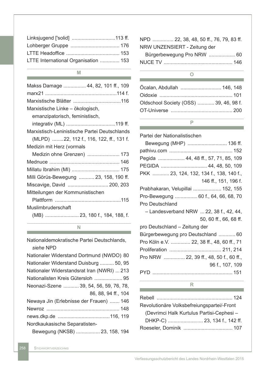 Seite 259 des Verfassungsschutzbericht 2015 Nordrhein-Westfalen