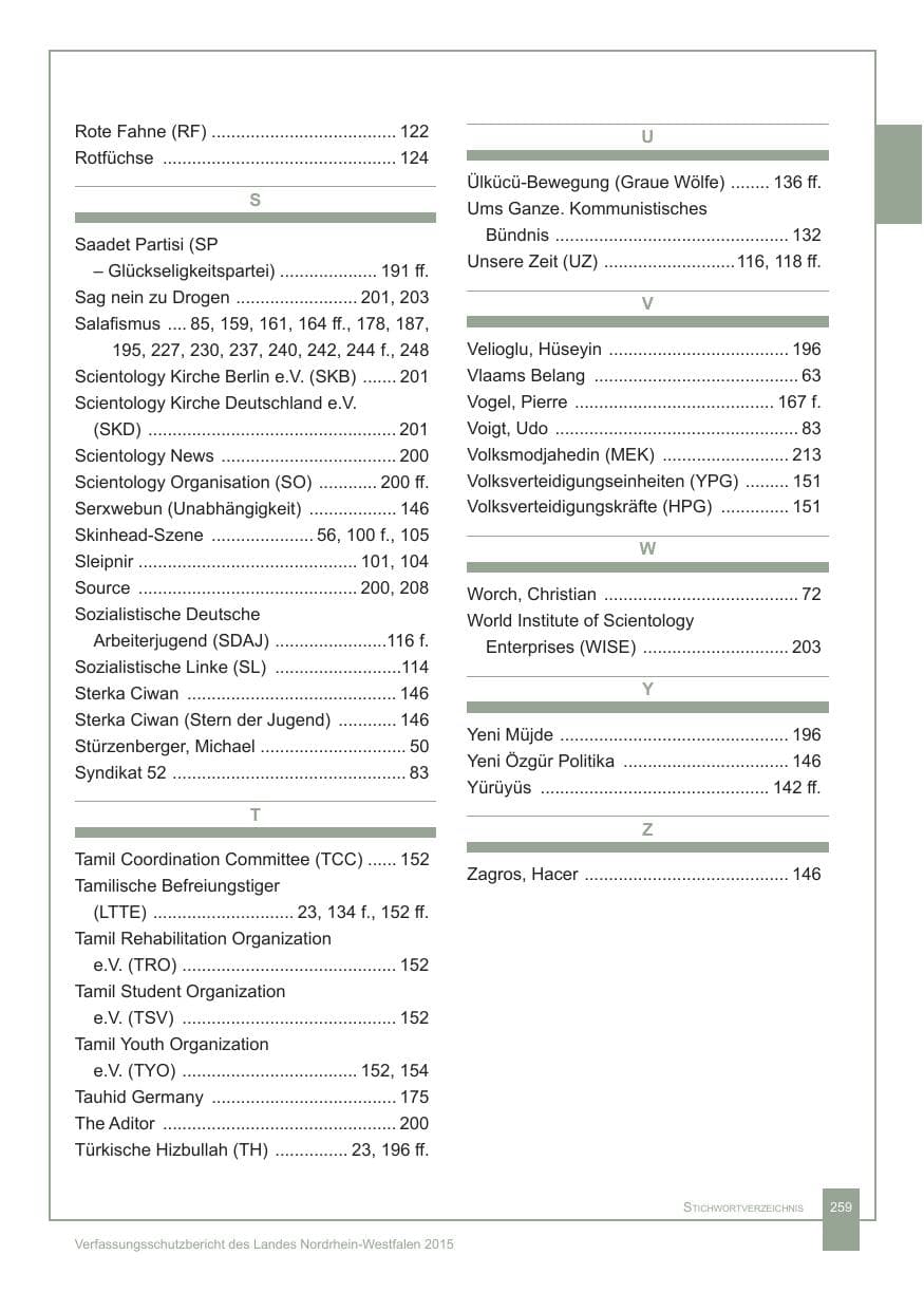 Seite 260 des Verfassungsschutzbericht 2015 Nordrhein-Westfalen