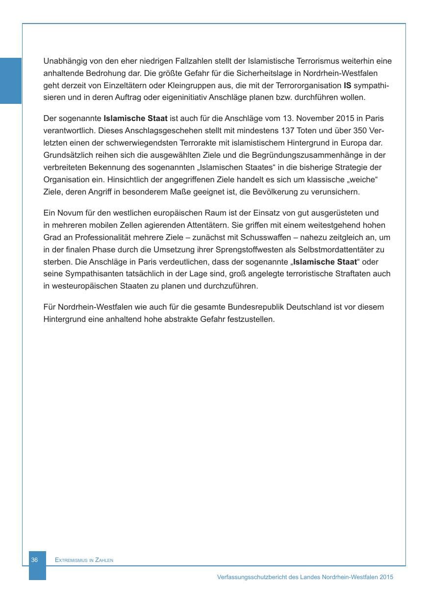Seite 37 des Verfassungsschutzbericht 2015 Nordrhein-Westfalen