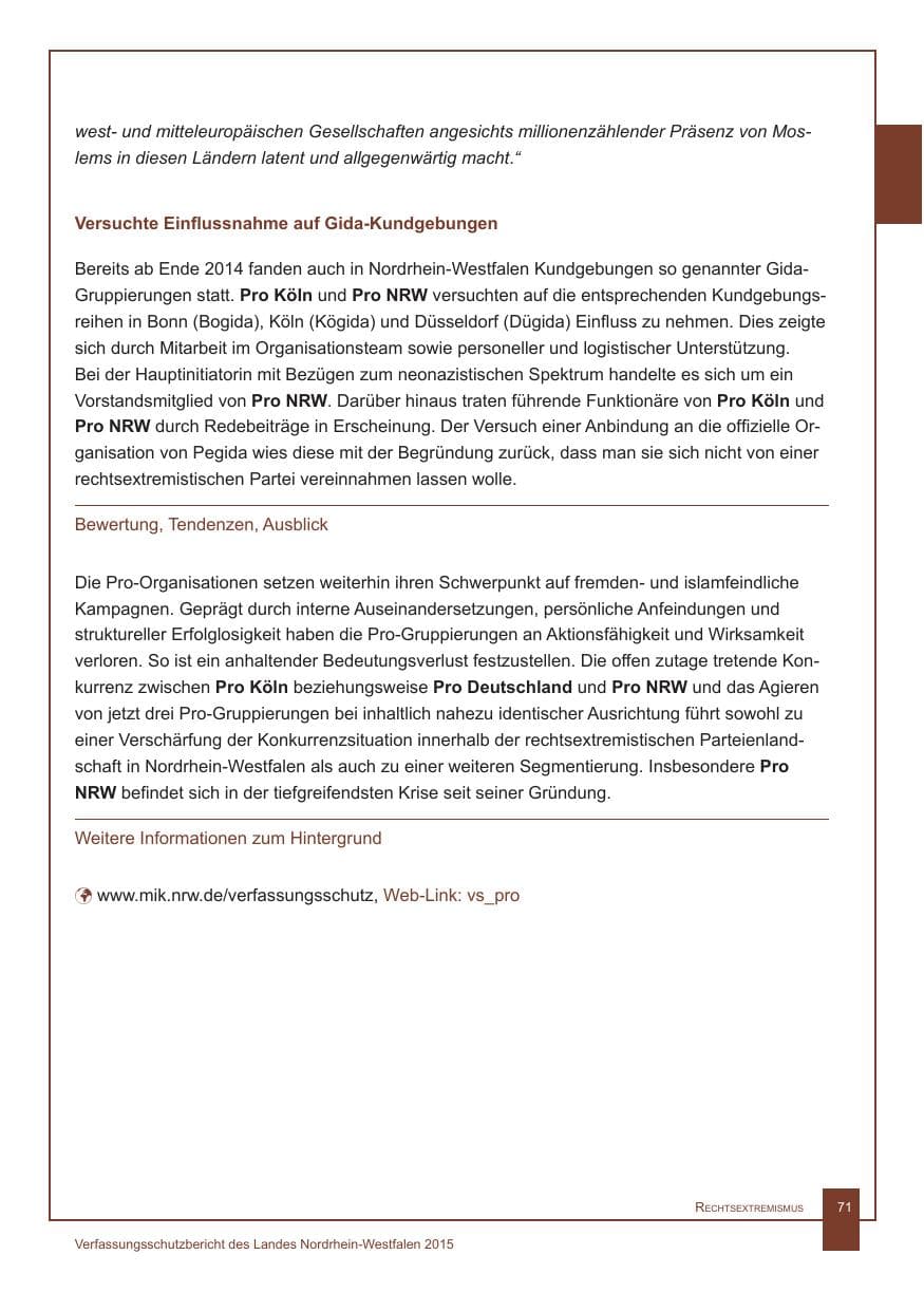 Seite 72 des Verfassungsschutzbericht 2015 Nordrhein-Westfalen