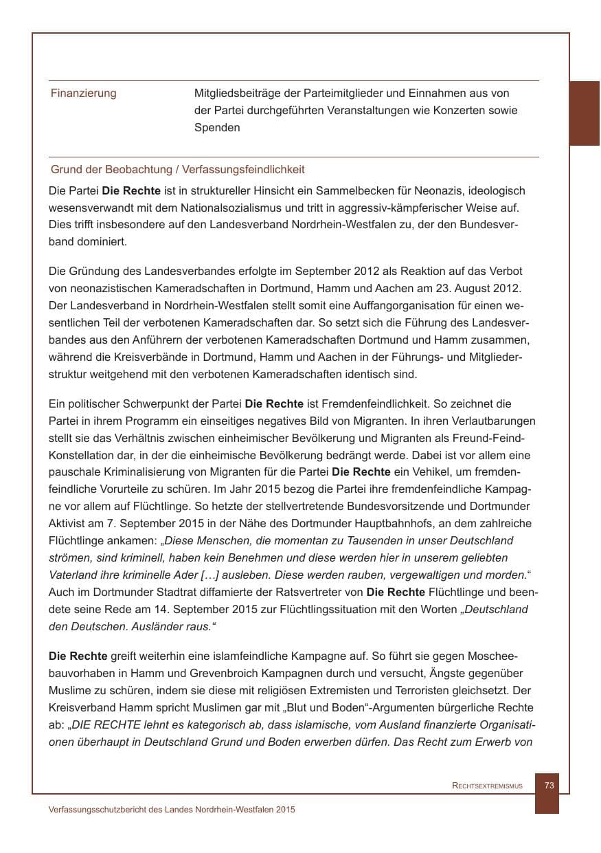 Seite 74 des Verfassungsschutzbericht 2015 Nordrhein-Westfalen