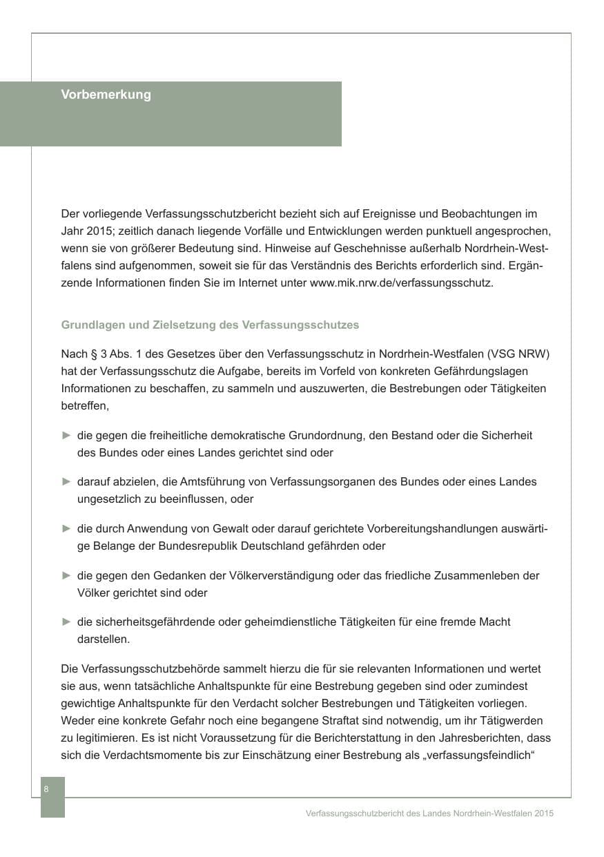 Seite 9 des Verfassungsschutzbericht 2015 Nordrhein-Westfalen