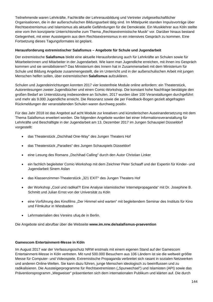 Seite 145 des Verfassungsschutzbericht 2017 Nordrhein-Westfalen