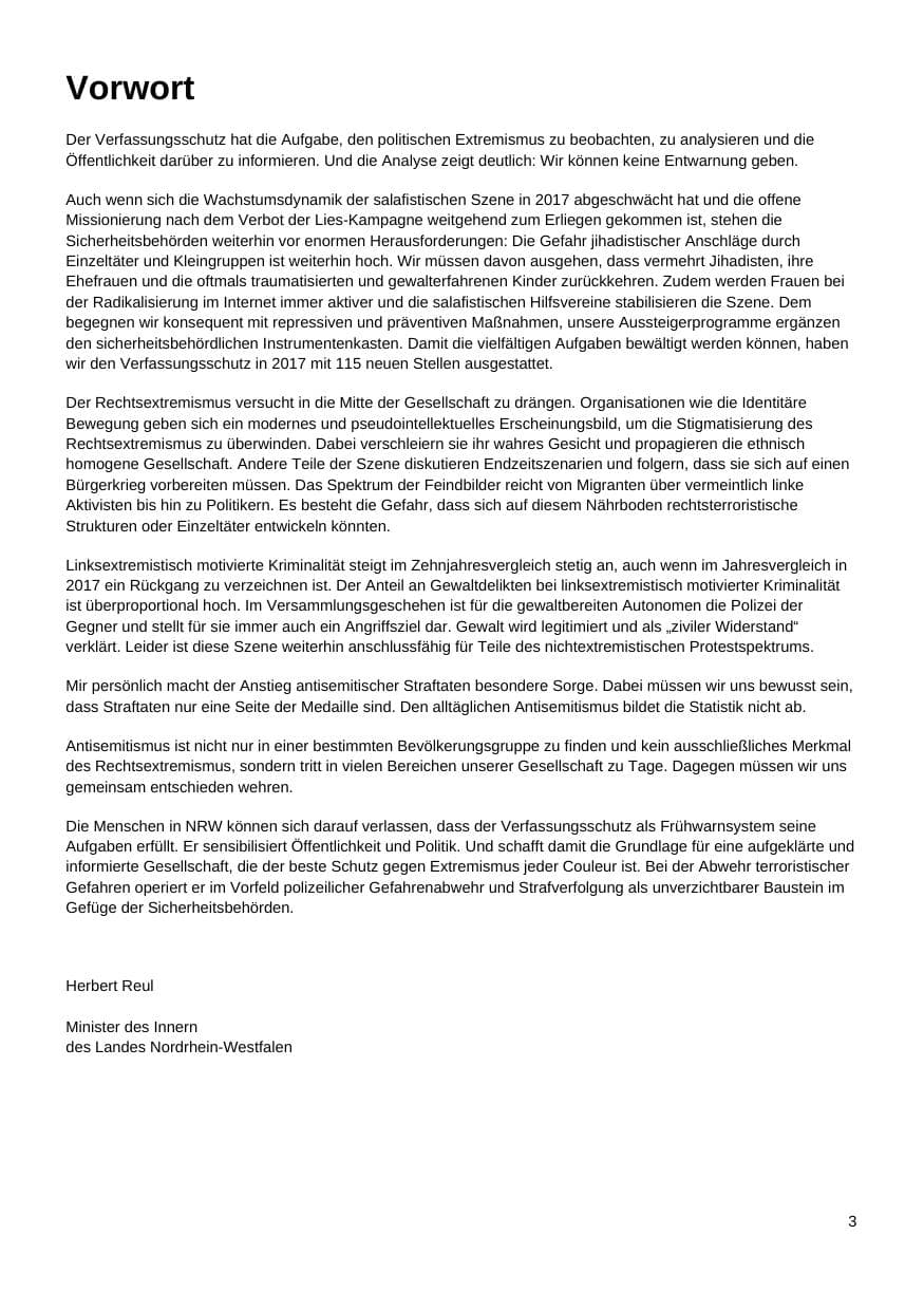 Seite 4 des Verfassungsschutzbericht 2017 Nordrhein-Westfalen