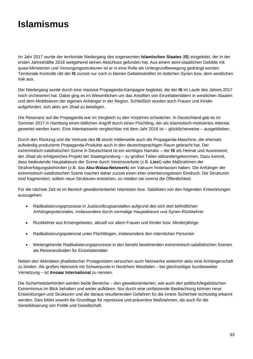 Seite 94 des Verfassungsschutzbericht 2017 Nordrhein-Westfalen