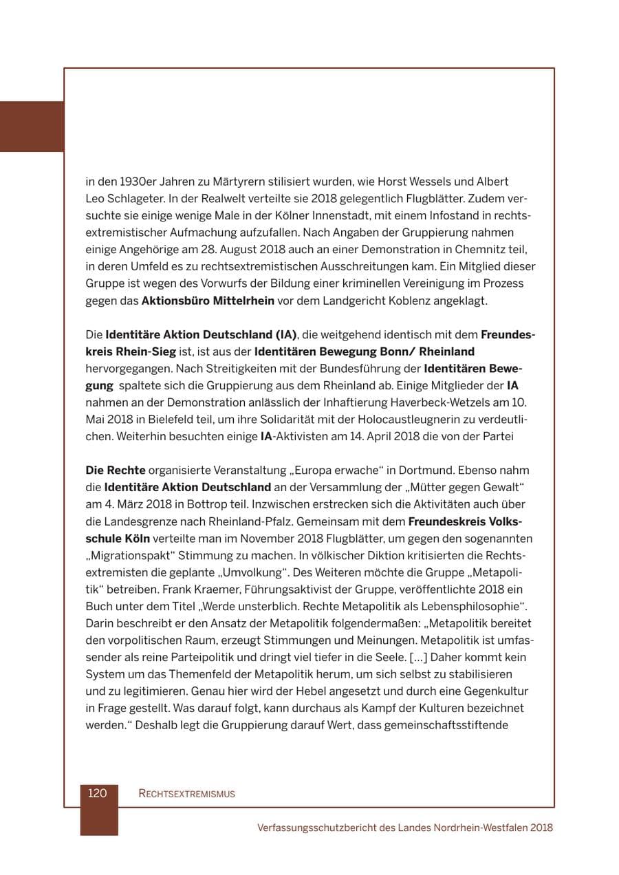 Seite 121 des Verfassungsschutzbericht 2018 Nordrhein-Westfalen
