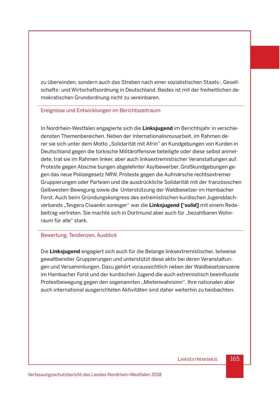 Seite 166 des Verfassungsschutzbericht 2018 Nordrhein-Westfalen
