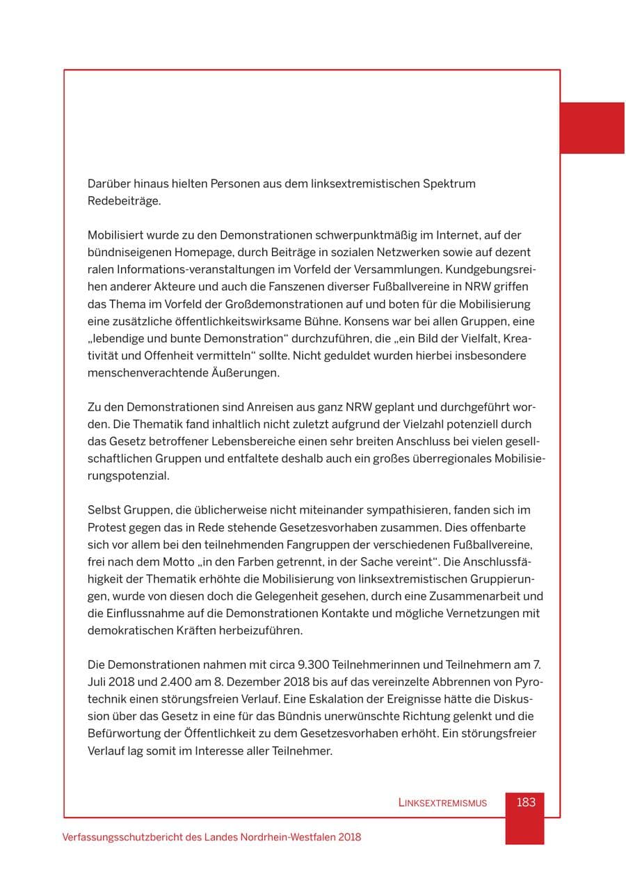 Seite 184 des Verfassungsschutzbericht 2018 Nordrhein-Westfalen