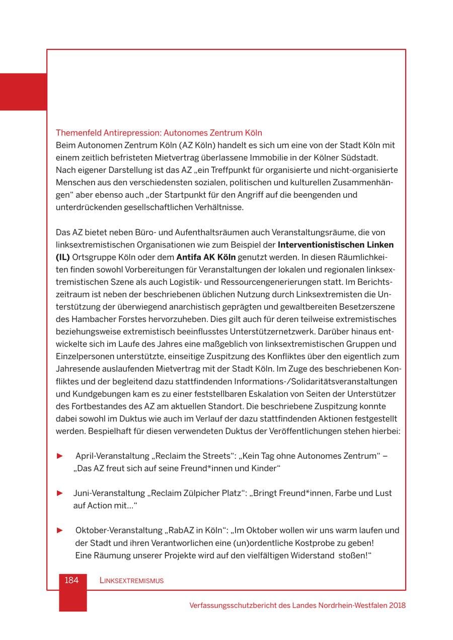 Seite 185 des Verfassungsschutzbericht 2018 Nordrhein-Westfalen