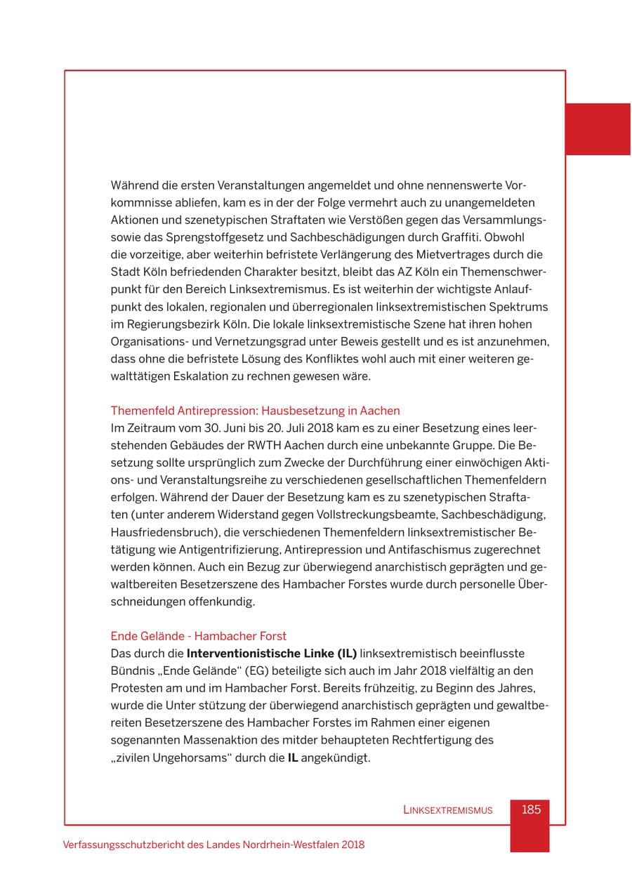 Seite 186 des Verfassungsschutzbericht 2018 Nordrhein-Westfalen