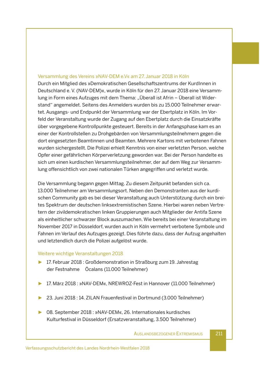 Seite 212 des Verfassungsschutzbericht 2018 Nordrhein-Westfalen
