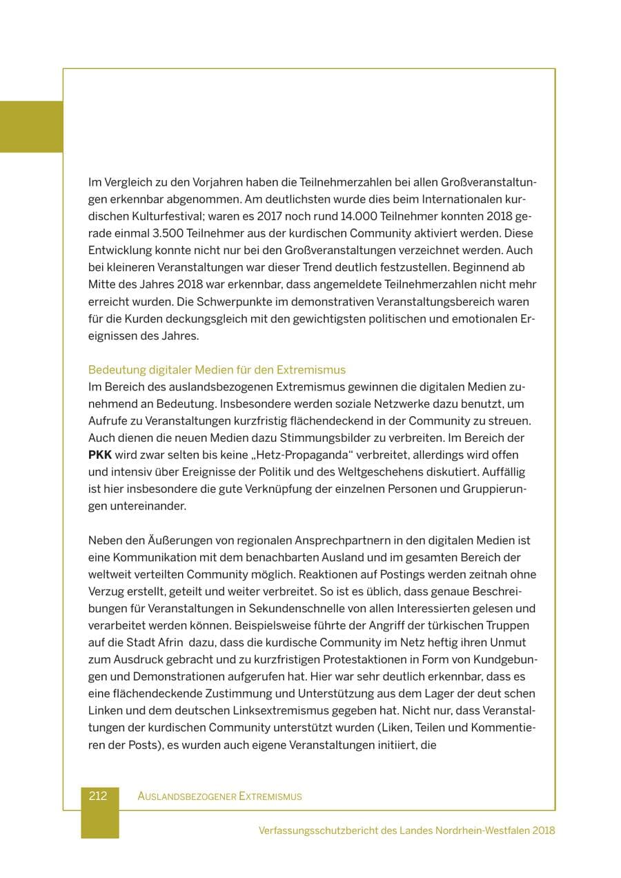 Seite 213 des Verfassungsschutzbericht 2018 Nordrhein-Westfalen