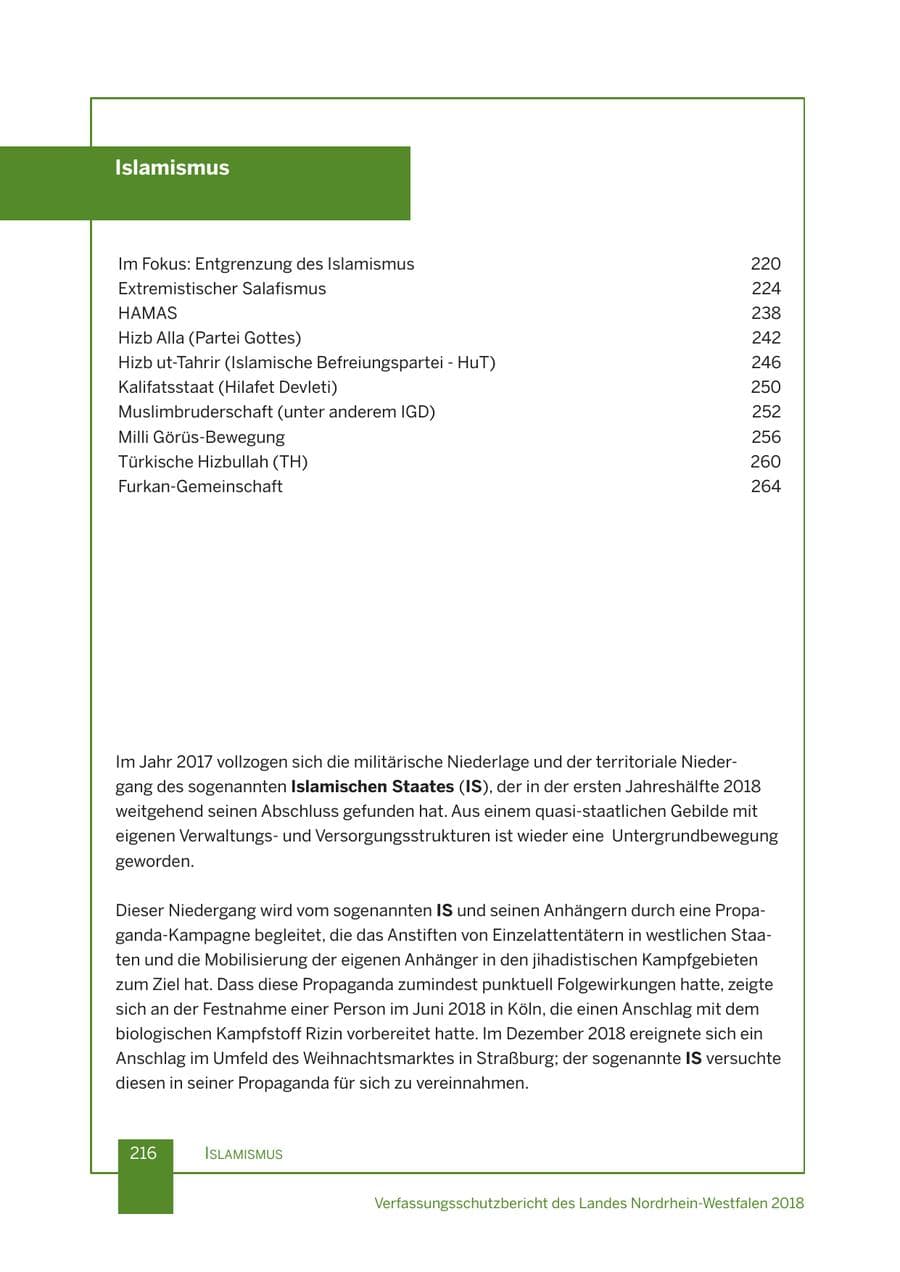 Seite 217 des Verfassungsschutzbericht 2018 Nordrhein-Westfalen
