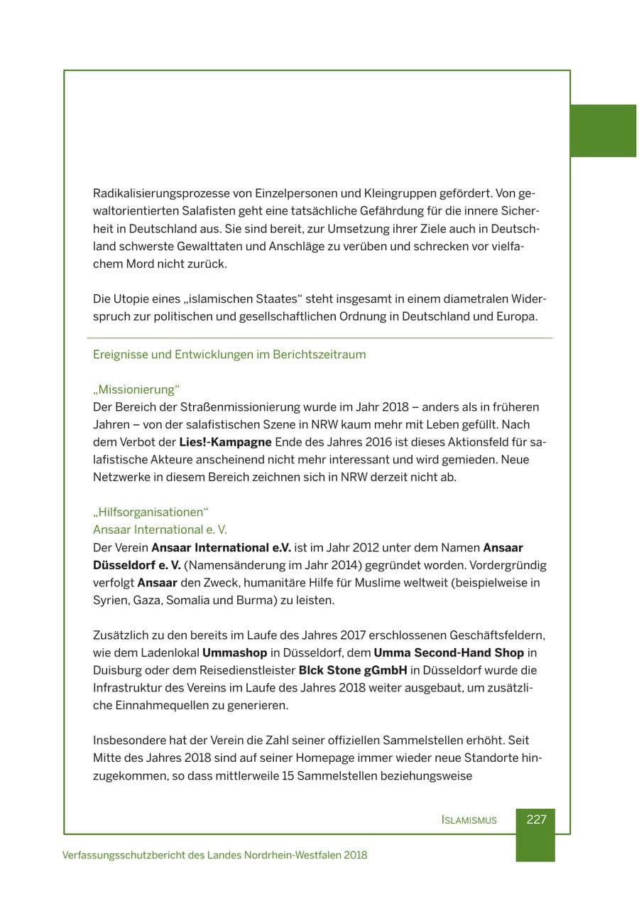 Seite 228 des Verfassungsschutzbericht 2018 Nordrhein-Westfalen
