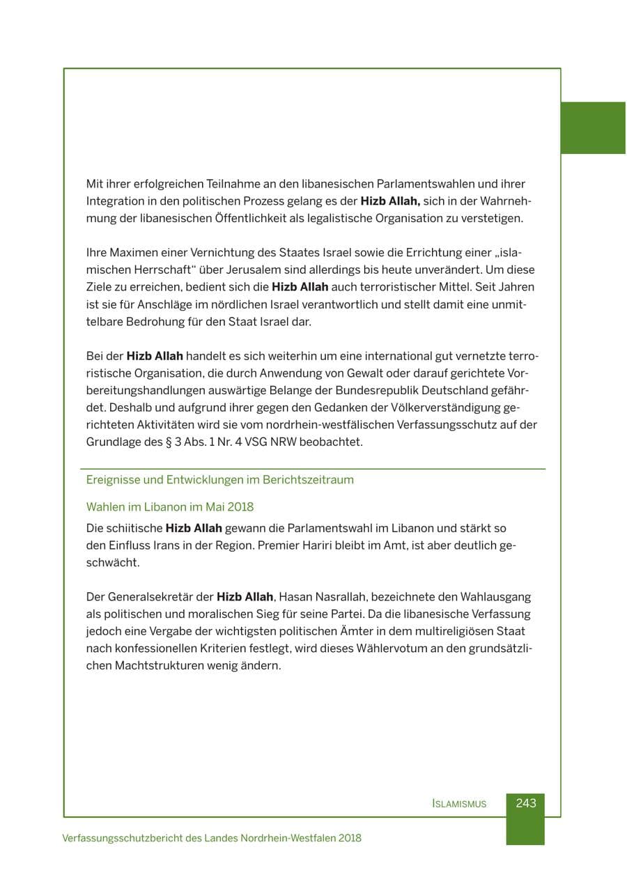 Seite 244 des Verfassungsschutzbericht 2018 Nordrhein-Westfalen