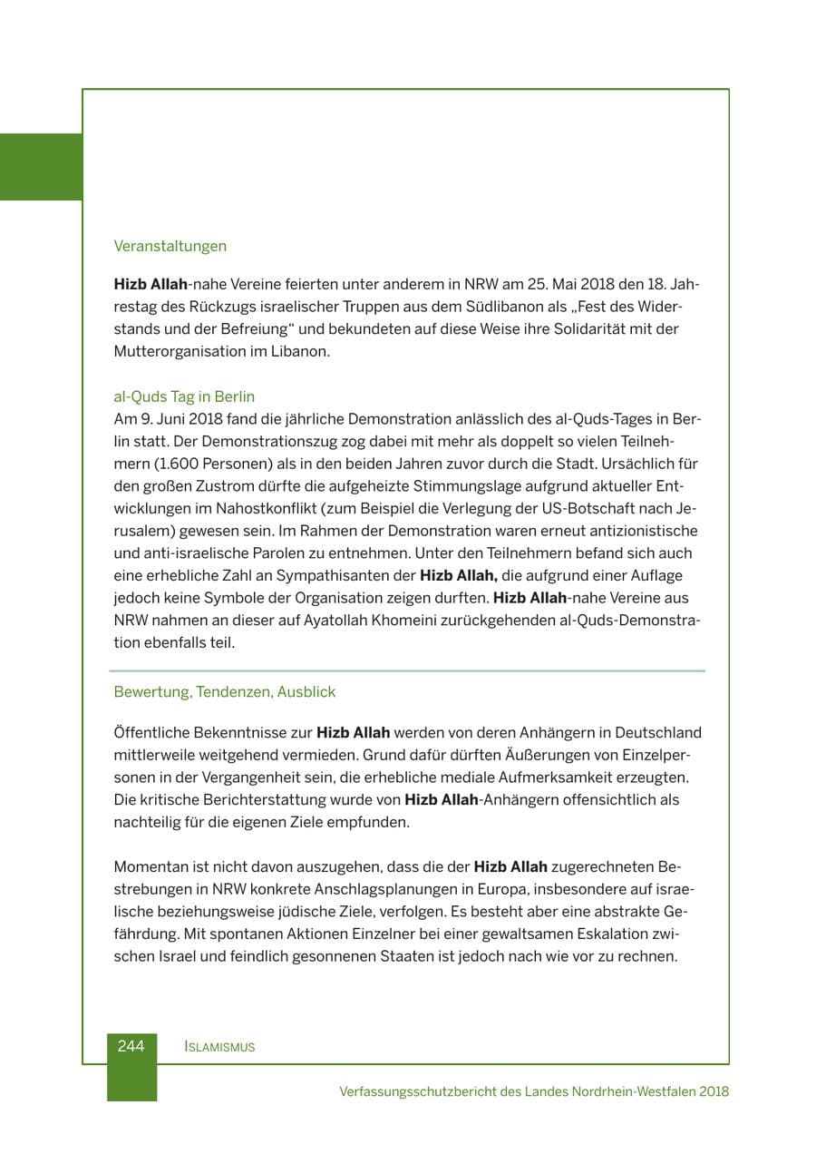 Seite 245 des Verfassungsschutzbericht 2018 Nordrhein-Westfalen