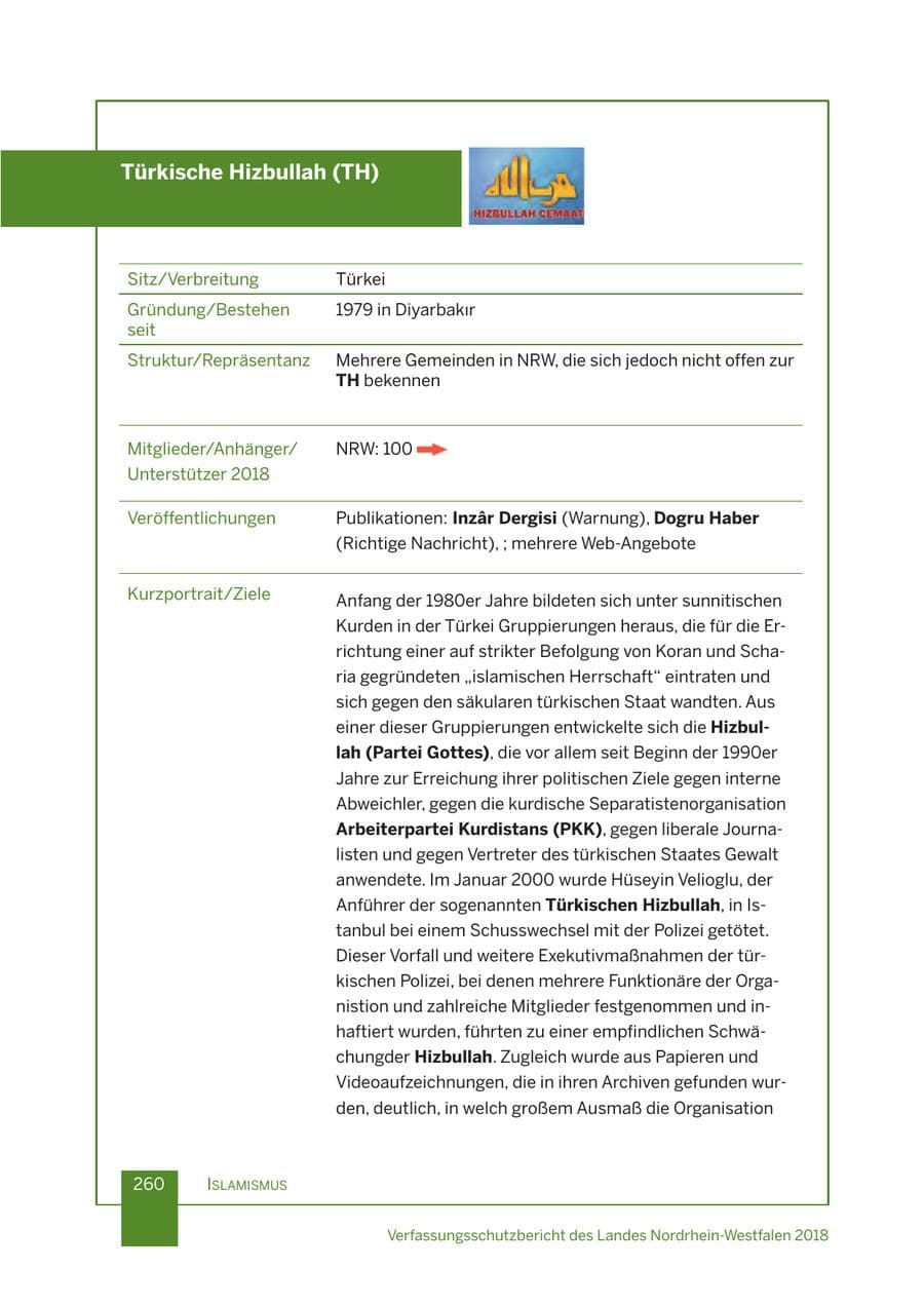 Seite 261 des Verfassungsschutzbericht 2018 Nordrhein-Westfalen