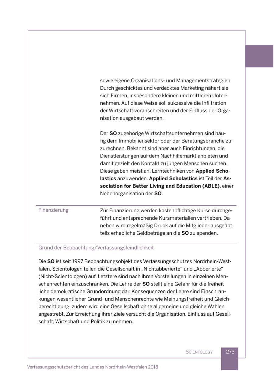 Seite 274 des Verfassungsschutzbericht 2018 Nordrhein-Westfalen