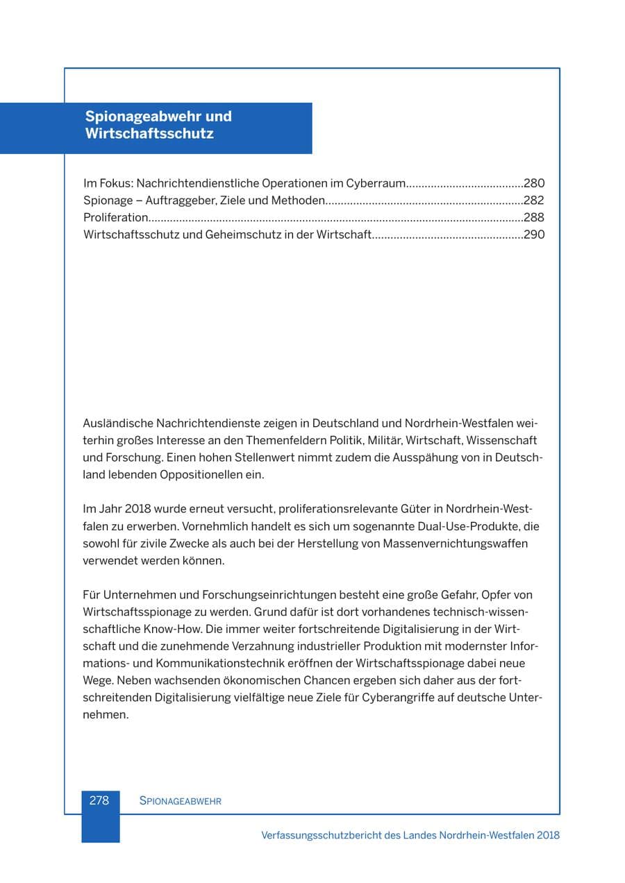 Seite 279 des Verfassungsschutzbericht 2018 Nordrhein-Westfalen